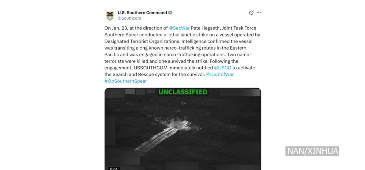 अमेरिकाद्वारा पूर्वी प्रशान्त महासागरमा लागुऔषध तस्करीमा संलग्न डुङ्गामाथि आक्रमण, दुई जनाको मृत्यु